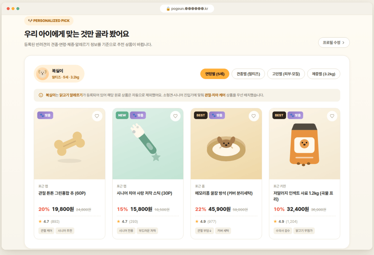 반려견 프로필 기반 맞춤 큐레이션 화면: 연령별·견종별·고민별·체중별 탭과 알레르기 자동 제외 안내